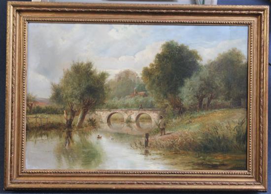 Joseph Thors (c.1835-1920) River landscape with angler and ducks, 20 x 30in.